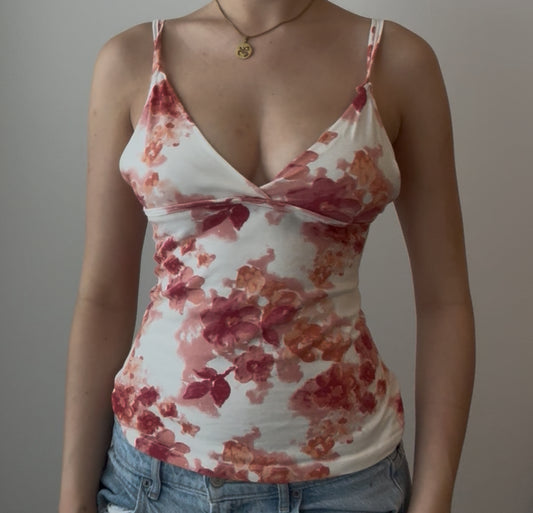 White Top with Orange and Pink Floral Design