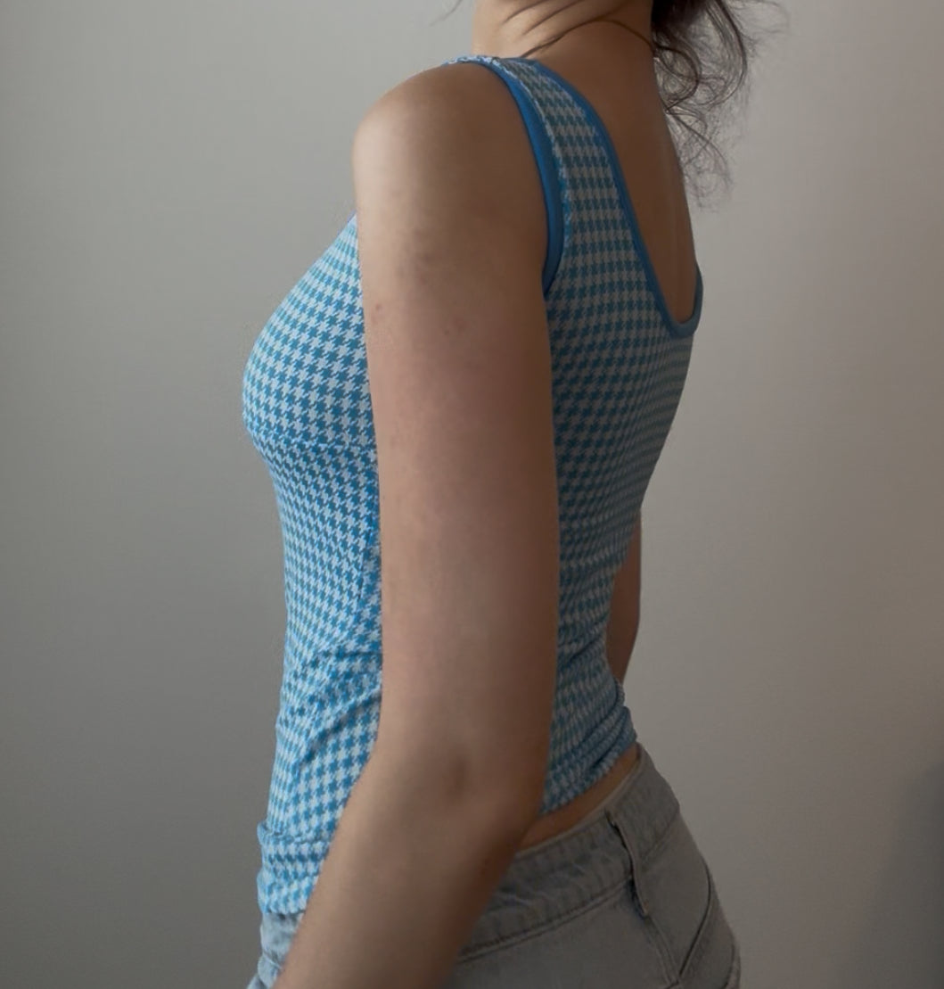 Blue and White Checkered Top with Buttons
