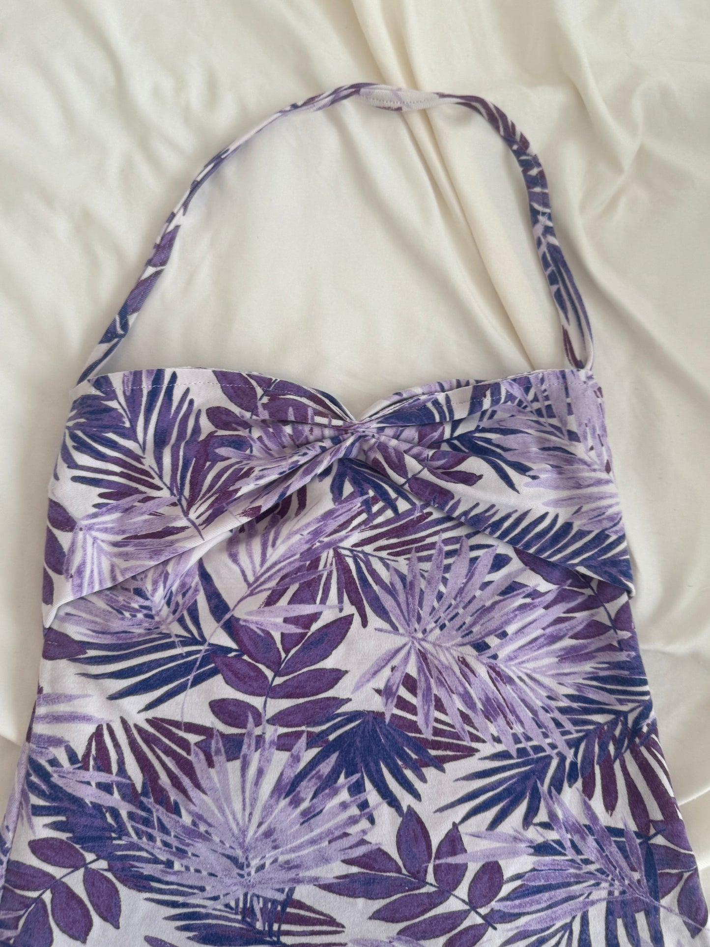 Purple Floral Halter Top with Ruching