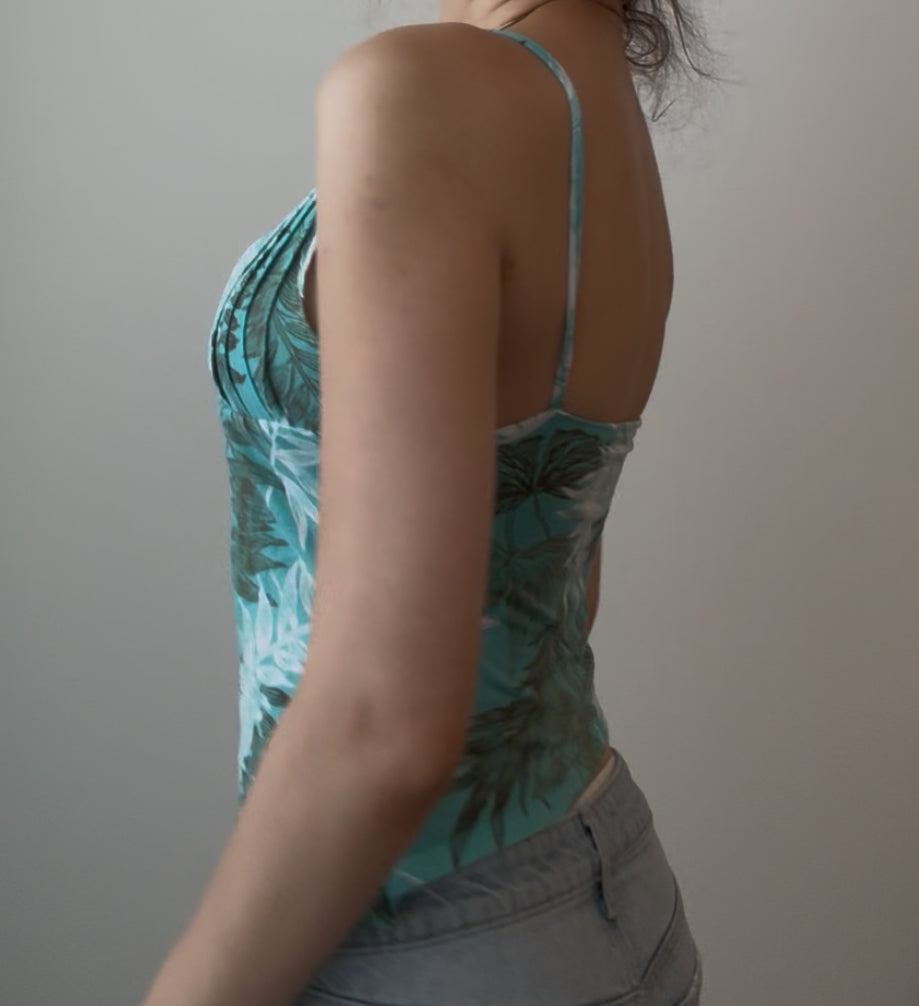 Teal Floral Top with Brown and White Design