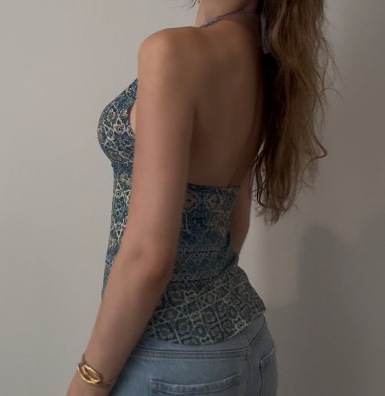 Blue and Yellow Halter Top with Unique Design