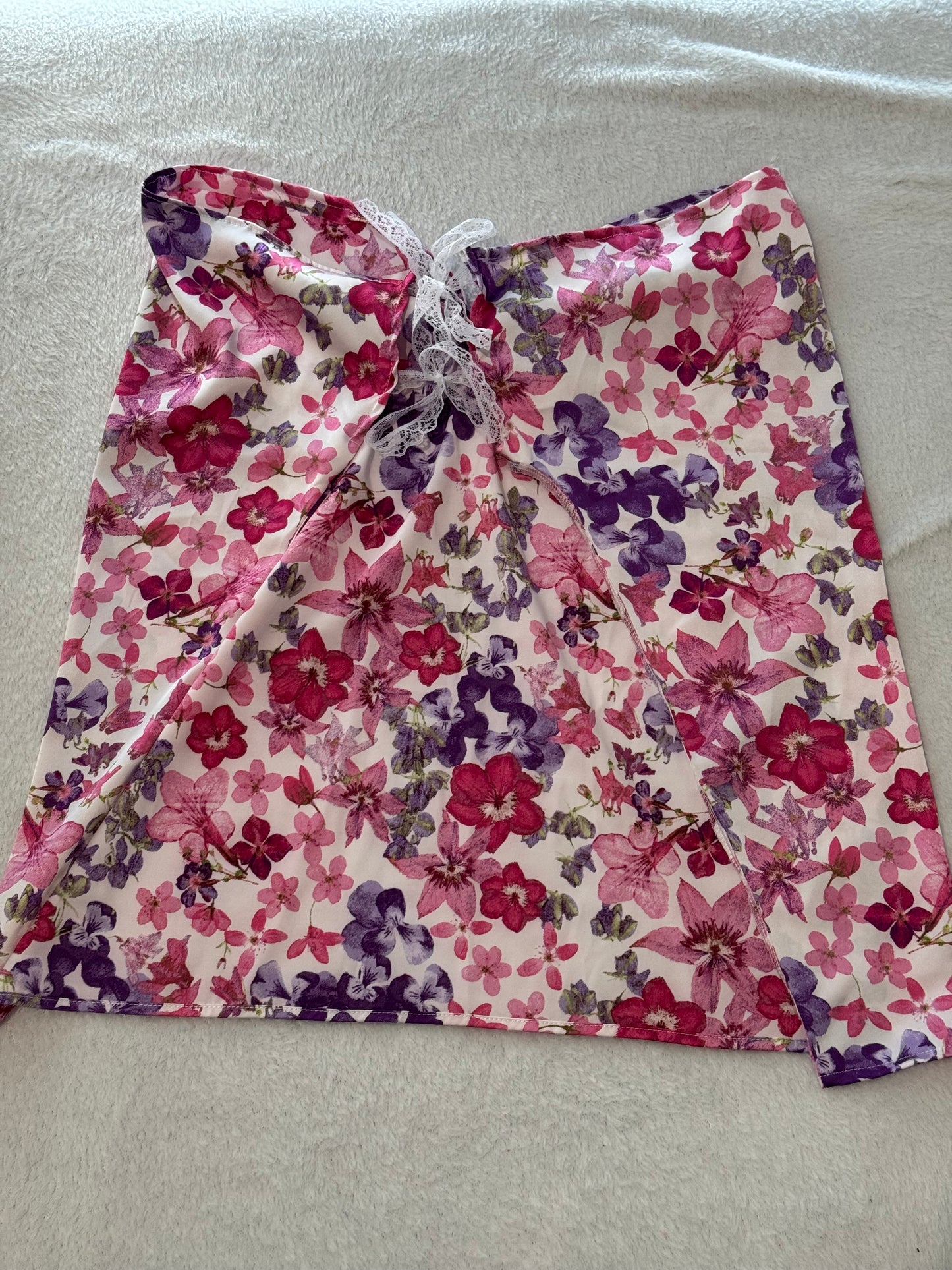 White, Pink, and Purple Floral Tube Top with Lace Tie