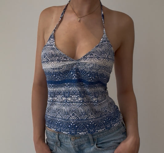 Blue and White Floral Design Halter Top