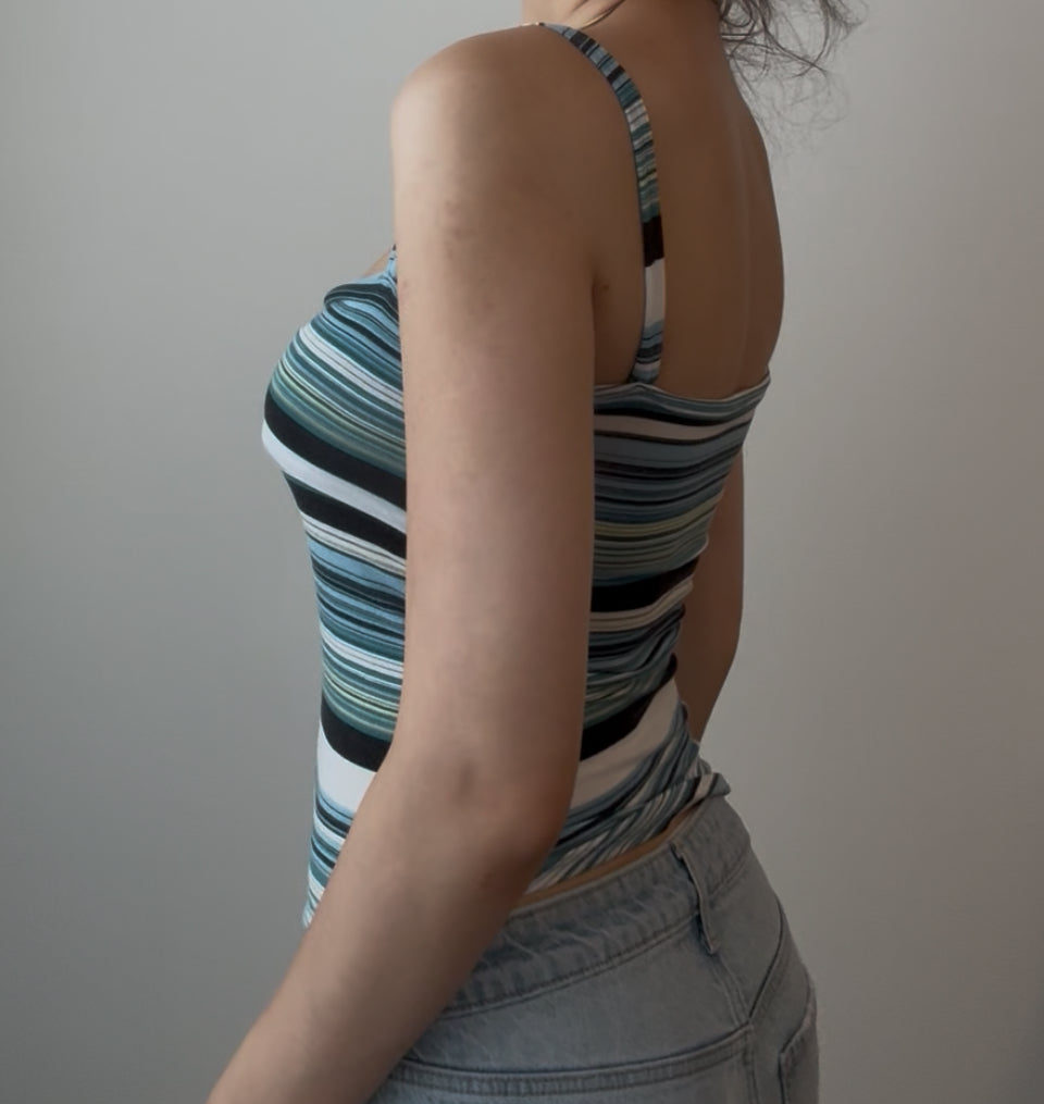 Multicolor Blue, Black, and White Top