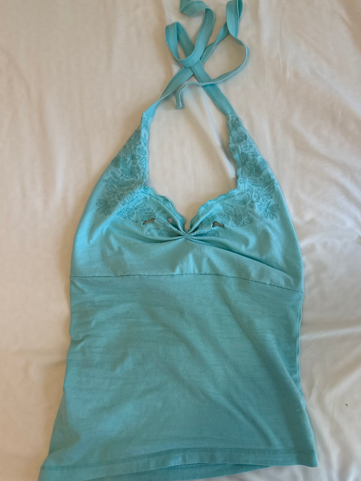 Teal Halter Top with Floral Embroidery