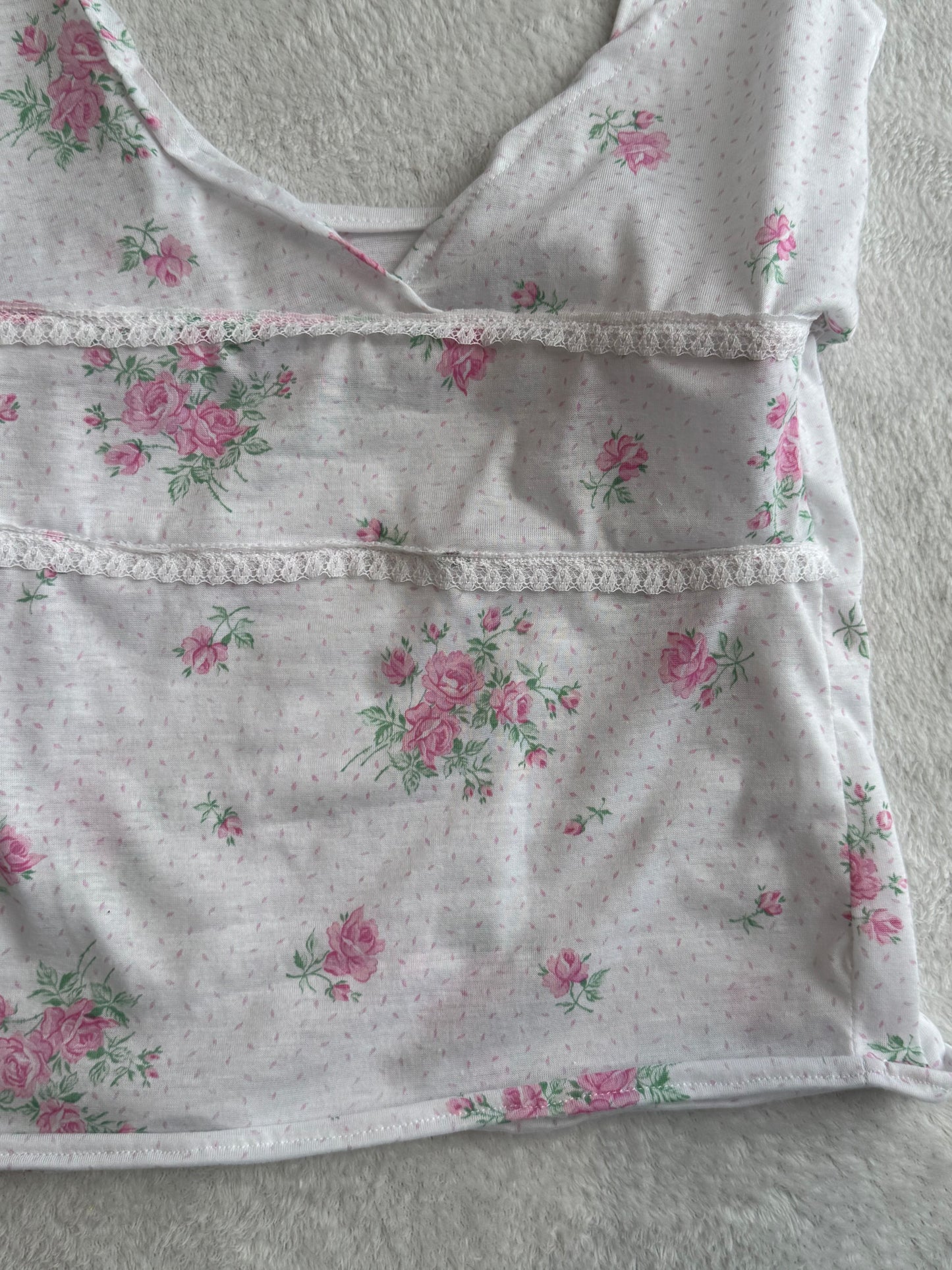White and Pink Floral Top with Lace