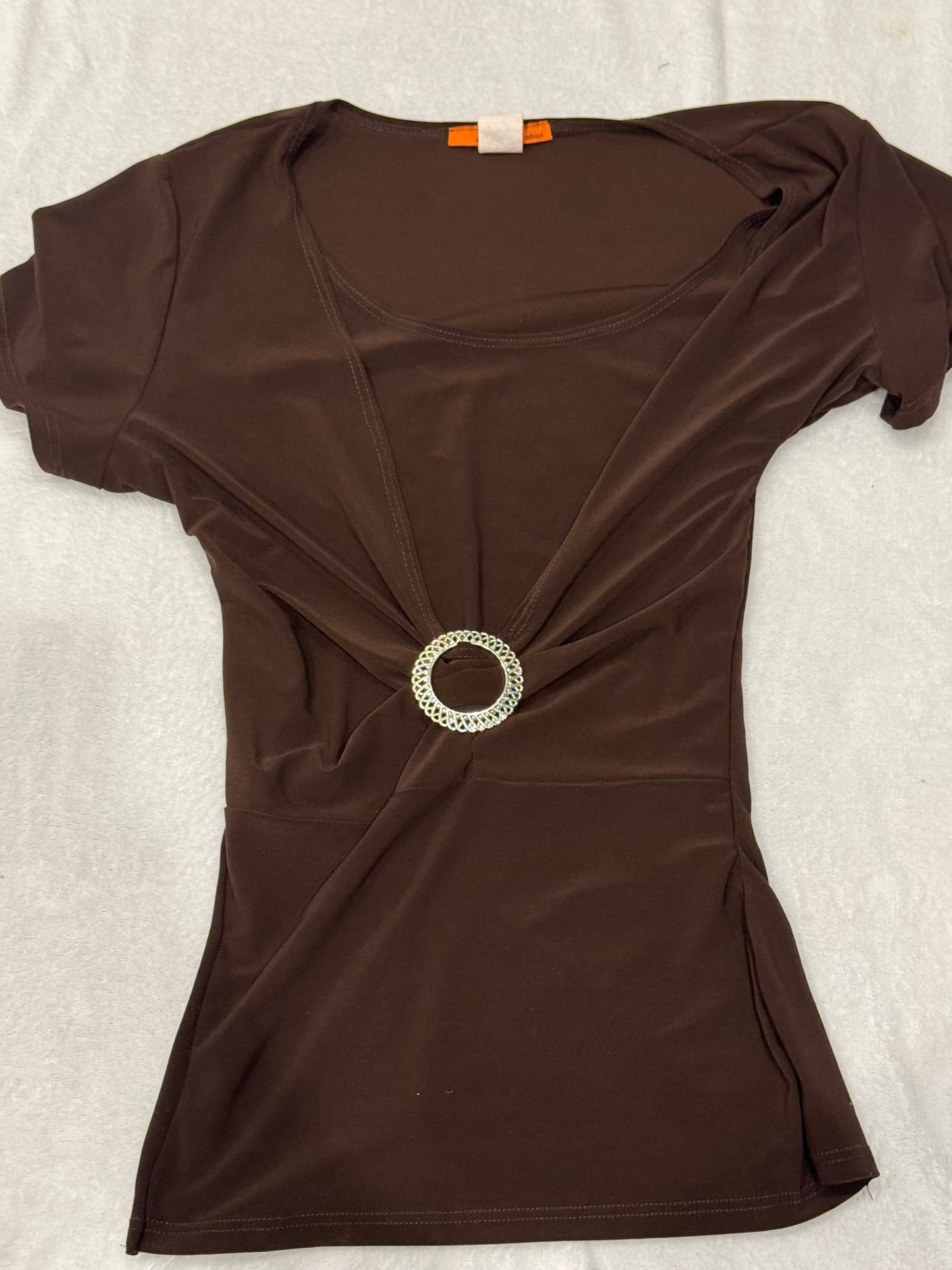 Y2K Brown Top with Silver Ring Accent and Slit