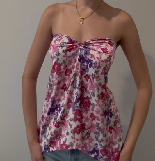 White, Pink, and Purple Floral Tube Top with Lace Tie