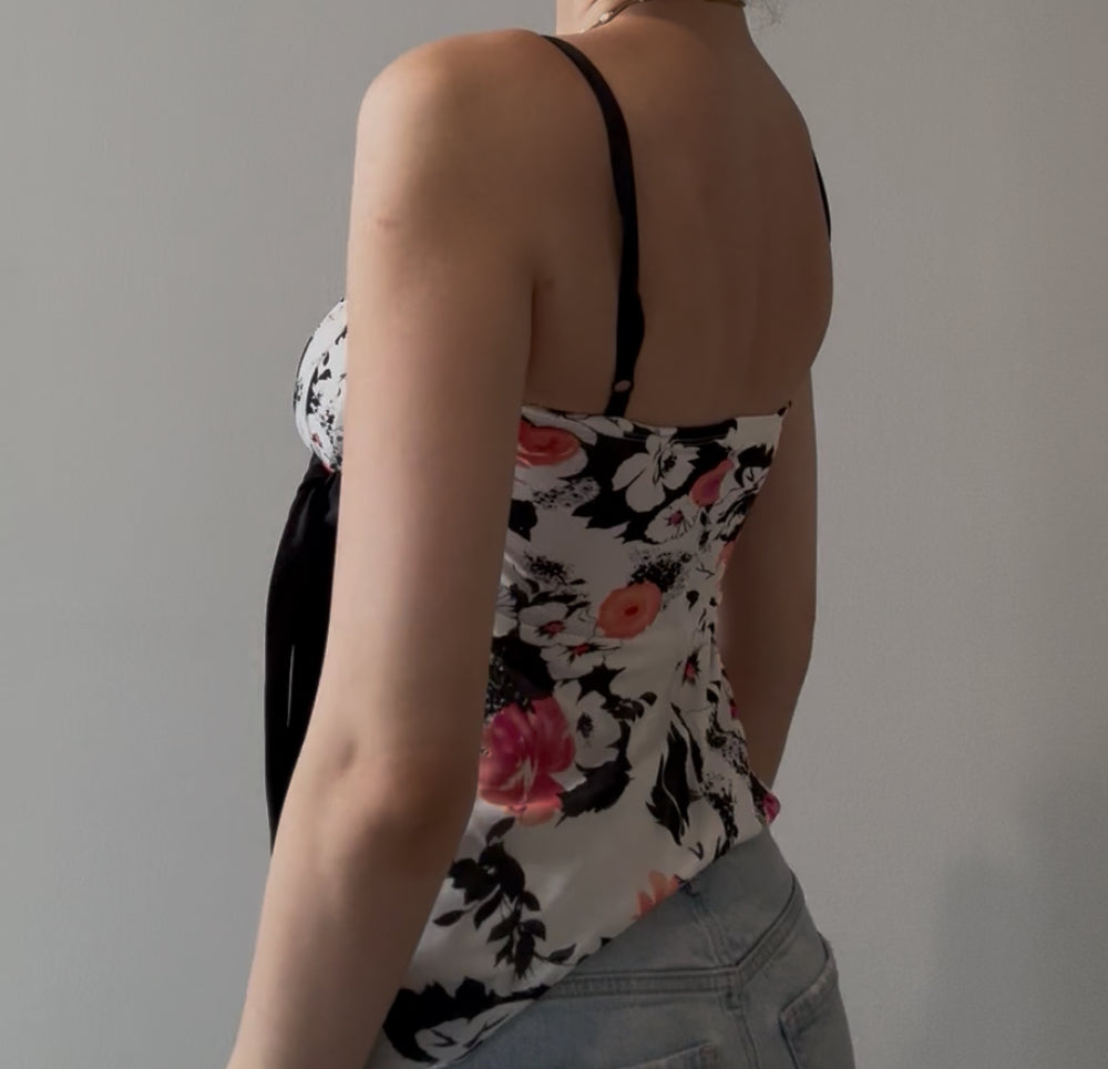 Y2K Floral Top with Black Ribbon