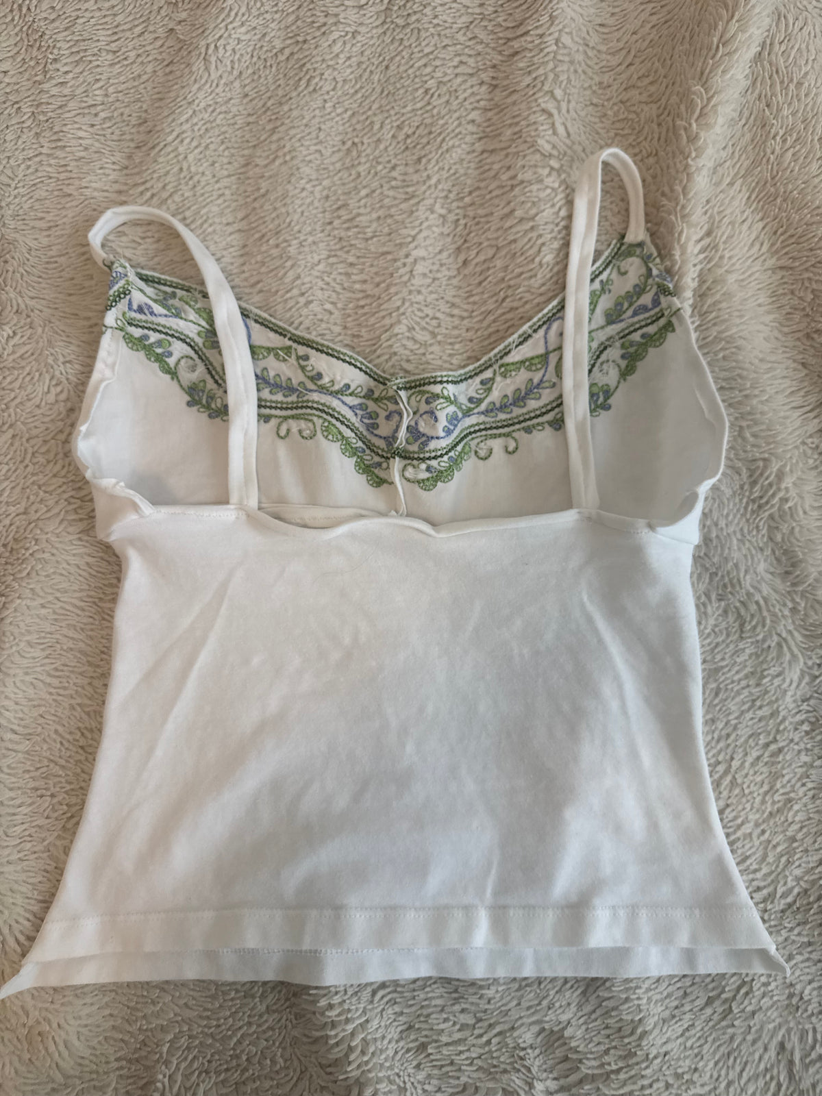 White Top with Green and Blue Embroidery
