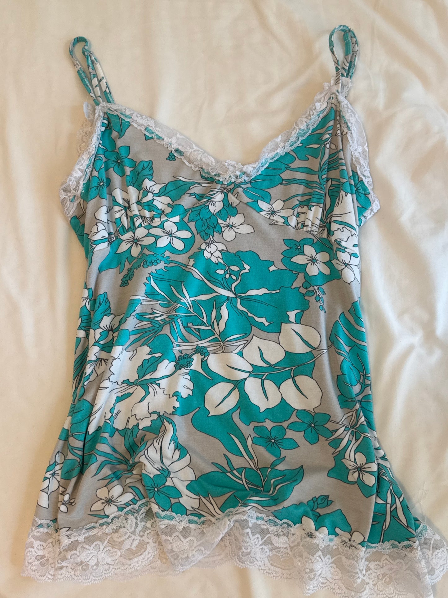 Y2K Teal and Blue Floral Cami with Lace