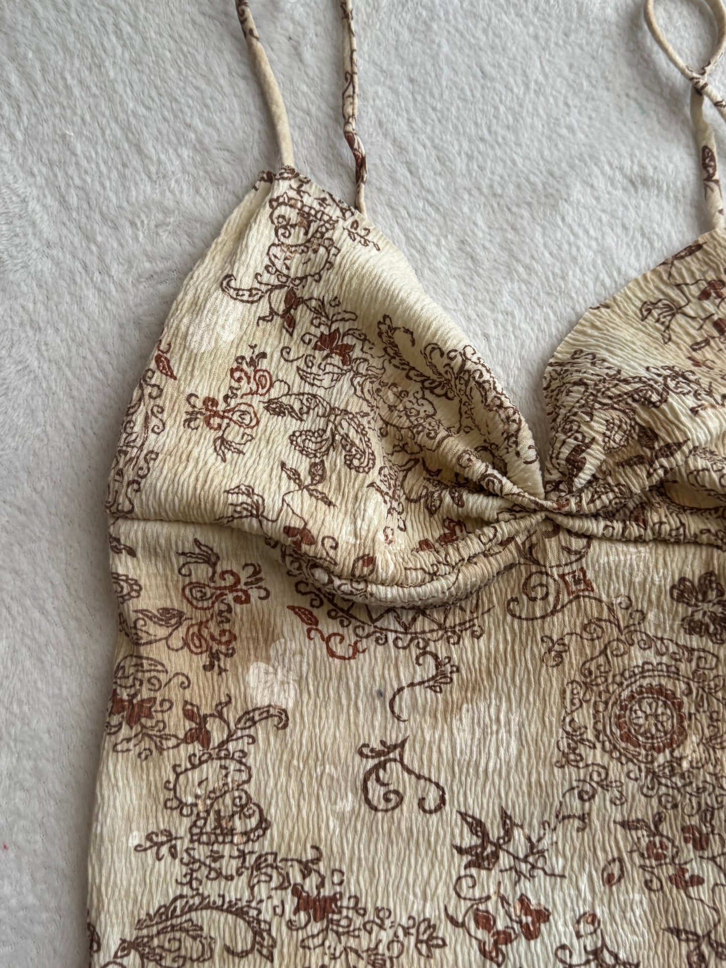 Beige Top with Brown Design and Ruching