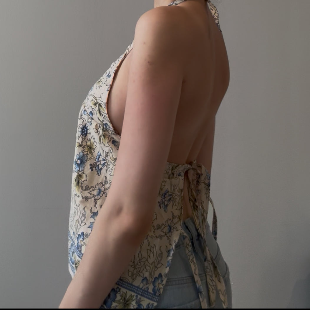 Beige Halter Top with Blue Floral Design