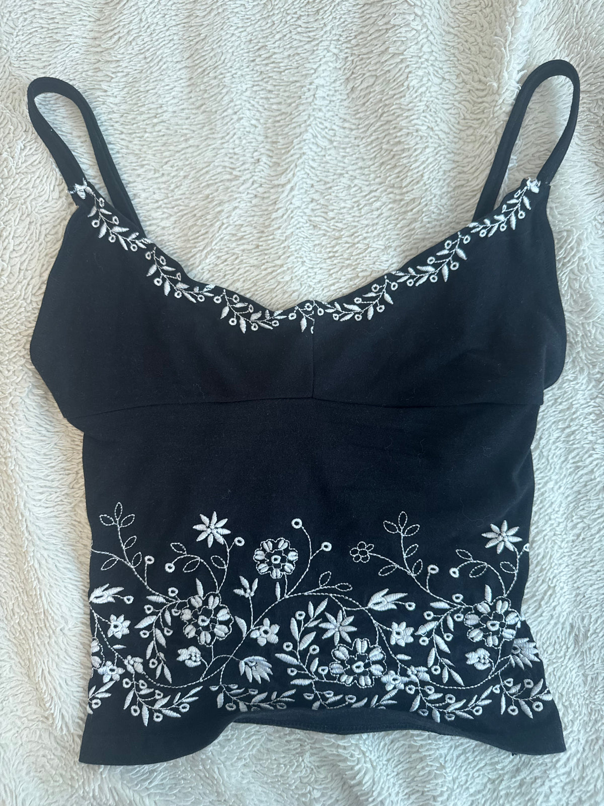 Black Top with White Floral Embroidery