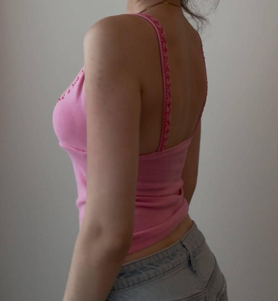 Pink Cami with Red Embroidery and Beading