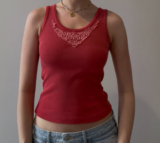 Red Top with Beads and Embroidery