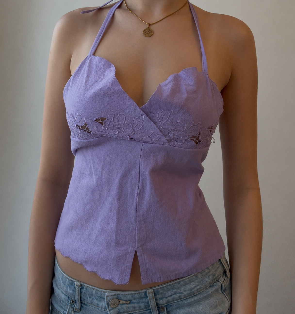 Purple Halter Top with Embroidery and Sequins
