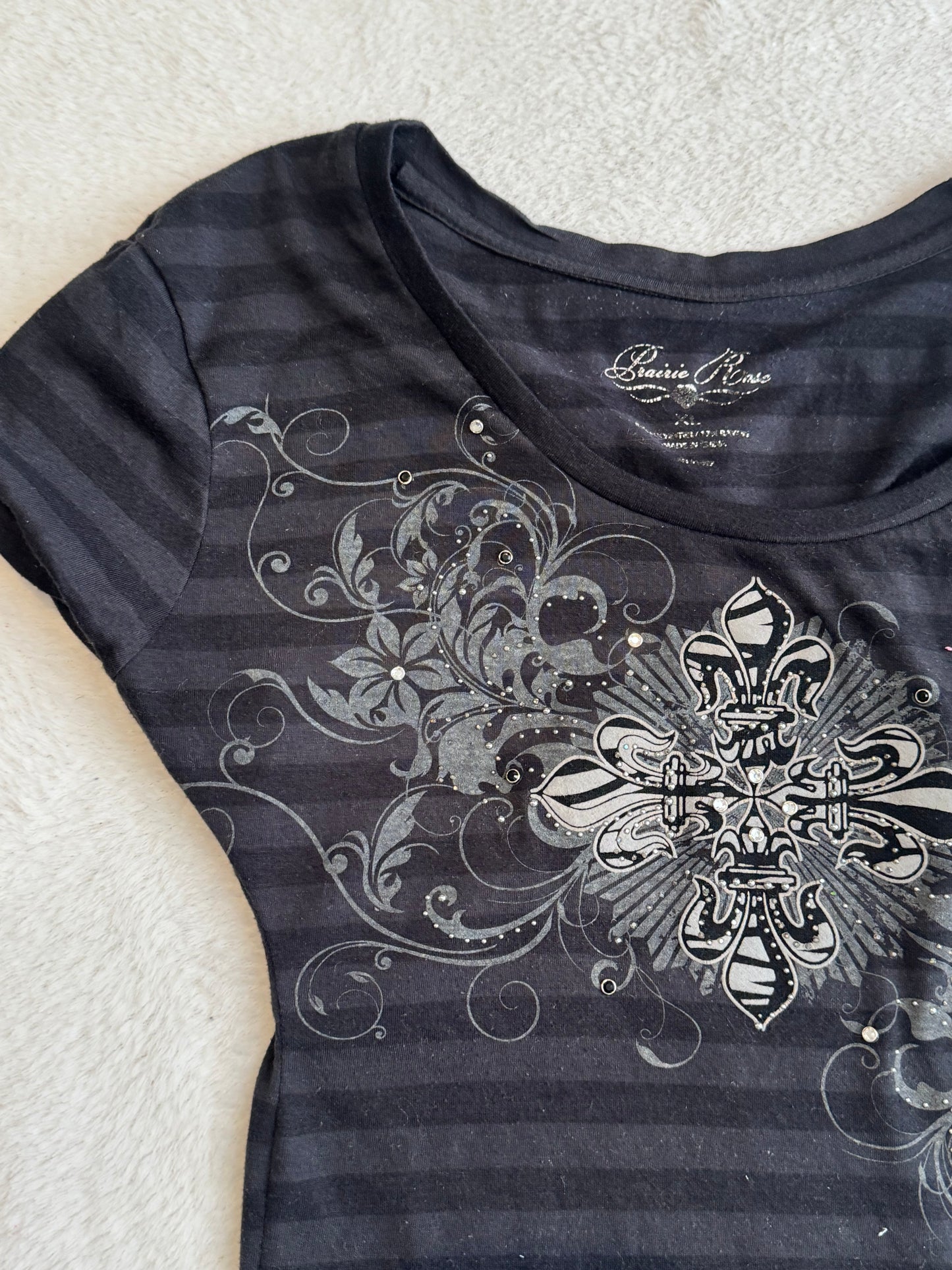 Y2K Black Striped Baby Tee with Sequins