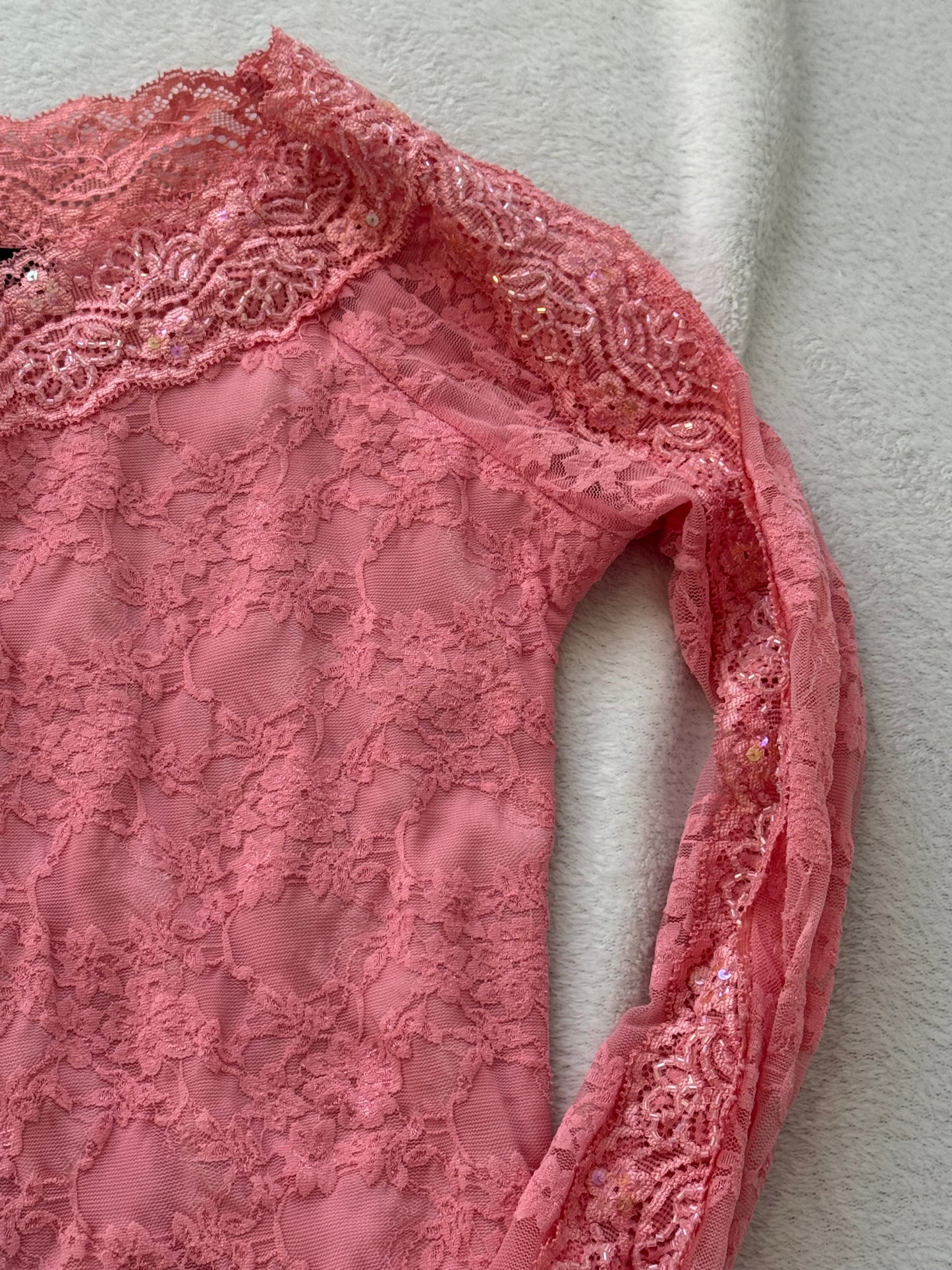 Fitted Pink Top with Lace and Sequins