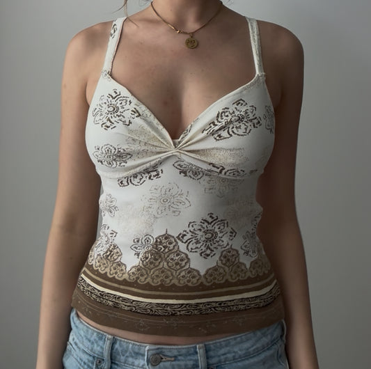 White and Brown Unique Design Top with Ruching