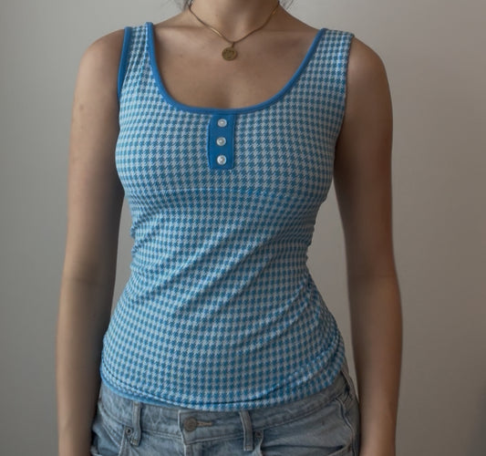 Blue and White Checkered Top with Buttons