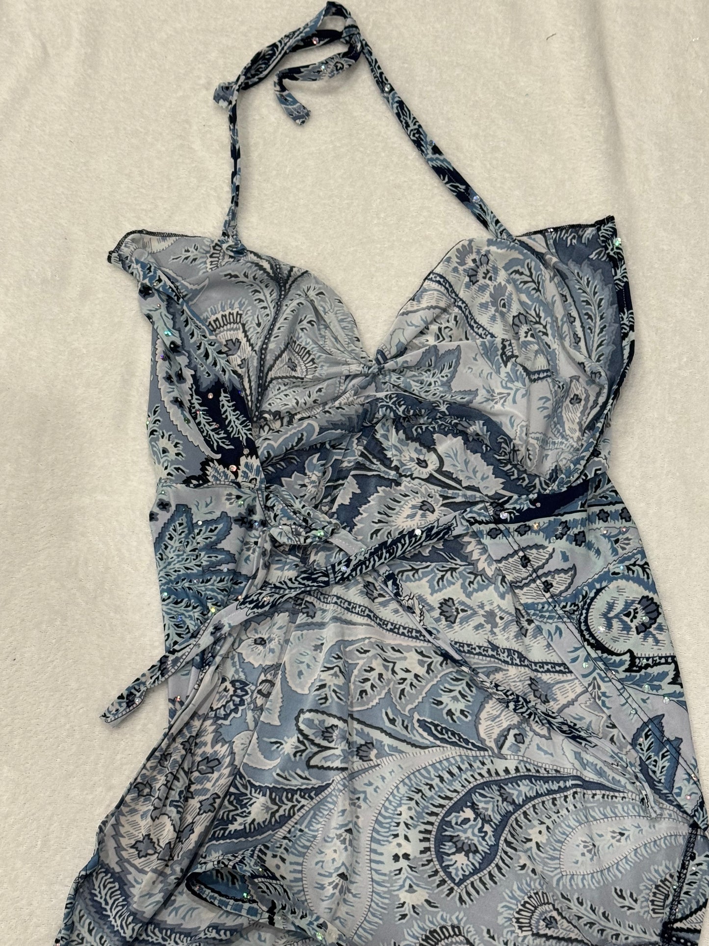 Blue Sequin Halter Top with Tie Back