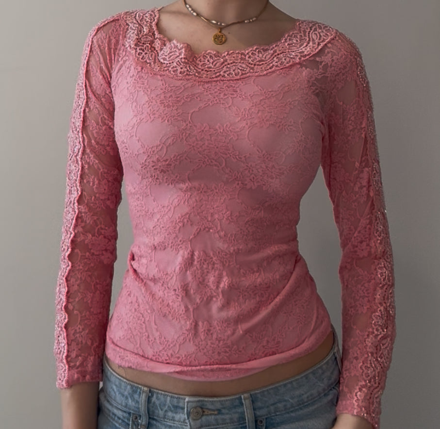 Fitted Pink Top with Lace and Sequins