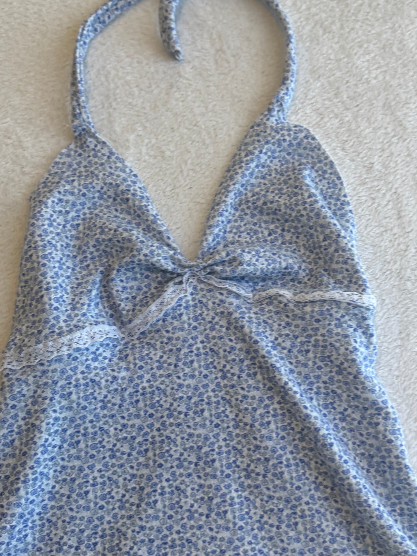 Blue and White Floral Halter Top with Lace