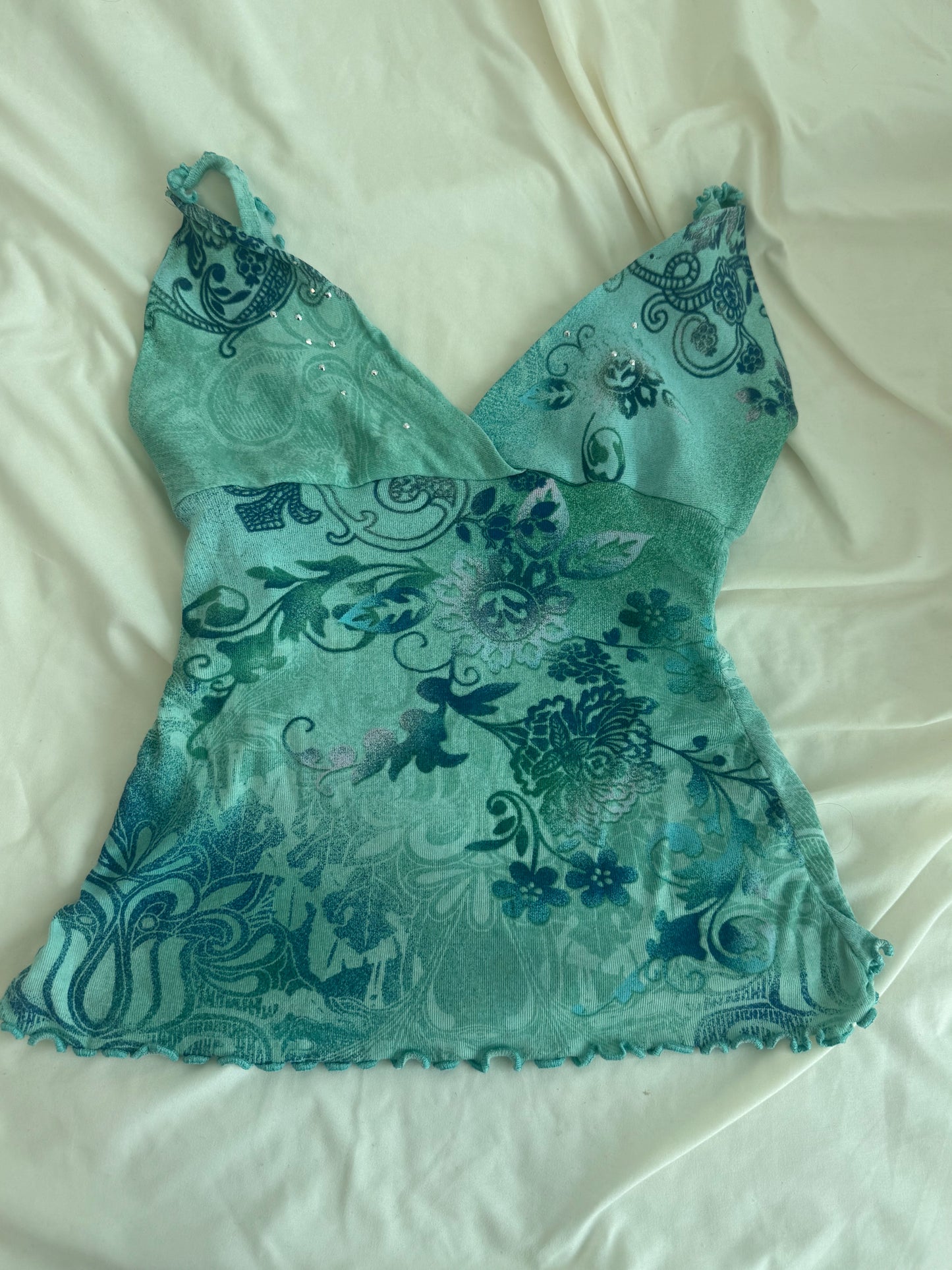 Green Top with Unique Design, Sequins, and Ruffled Straps