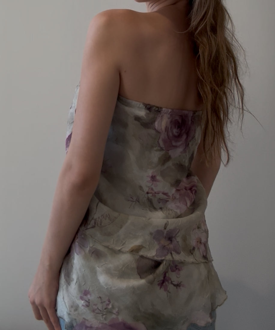 Flowy Top with Green and Purple Floral Design