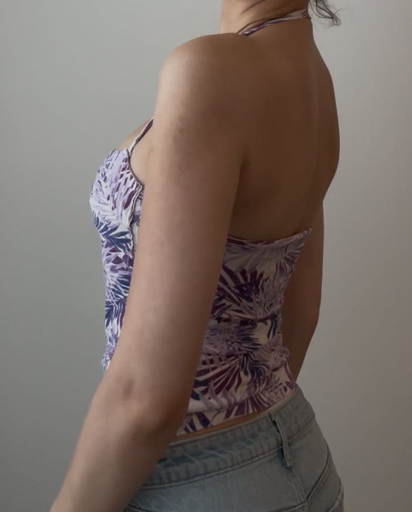 Purple Floral Halter Top with Ruching
