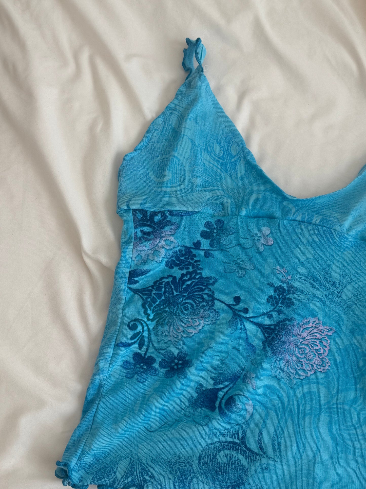Blue Top with Unique Design and Ruffled Straps