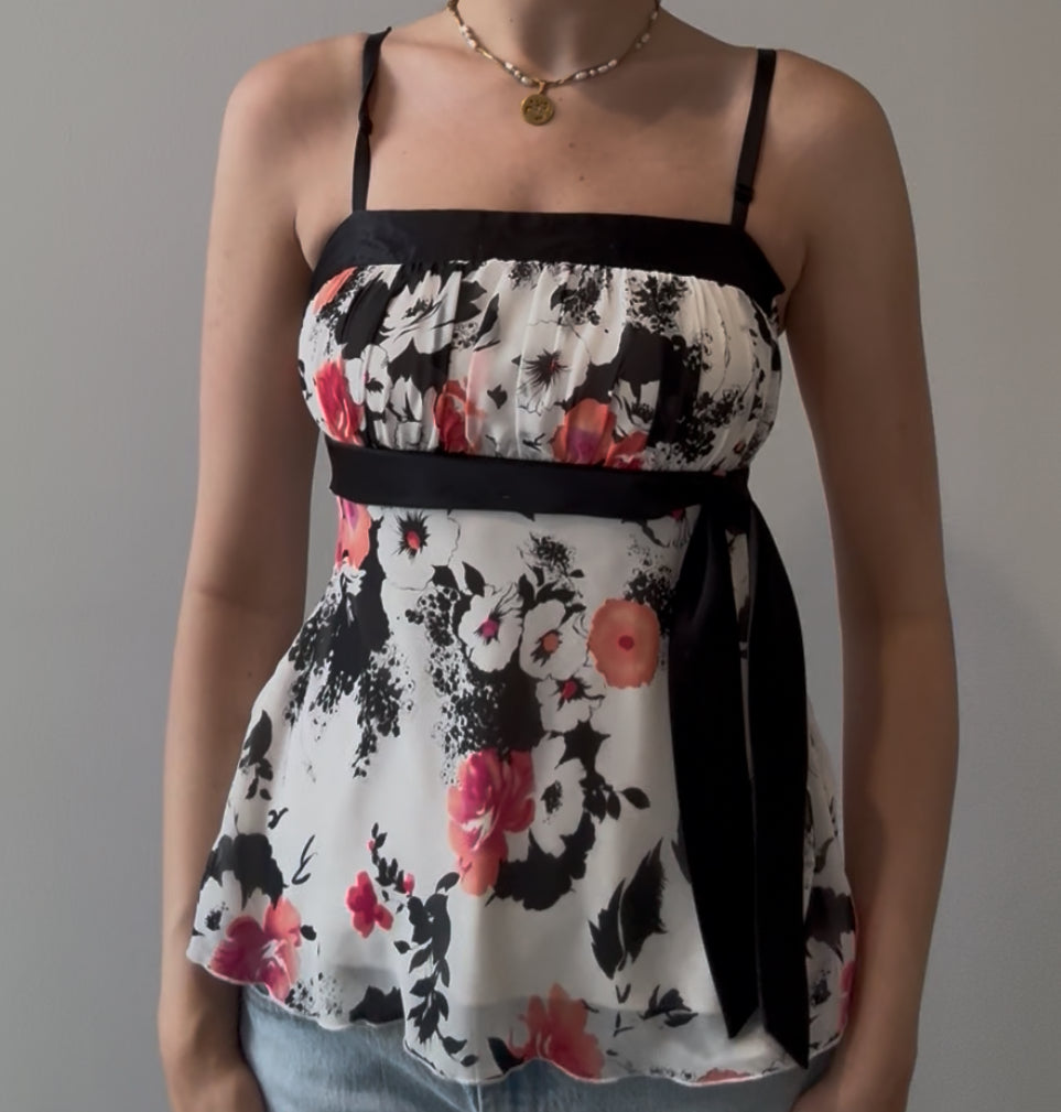Y2K Floral Top with Black Ribbon