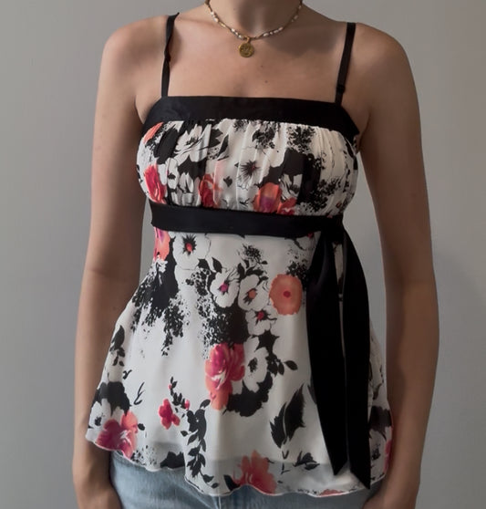 Y2K Floral Top with Black Ribbon