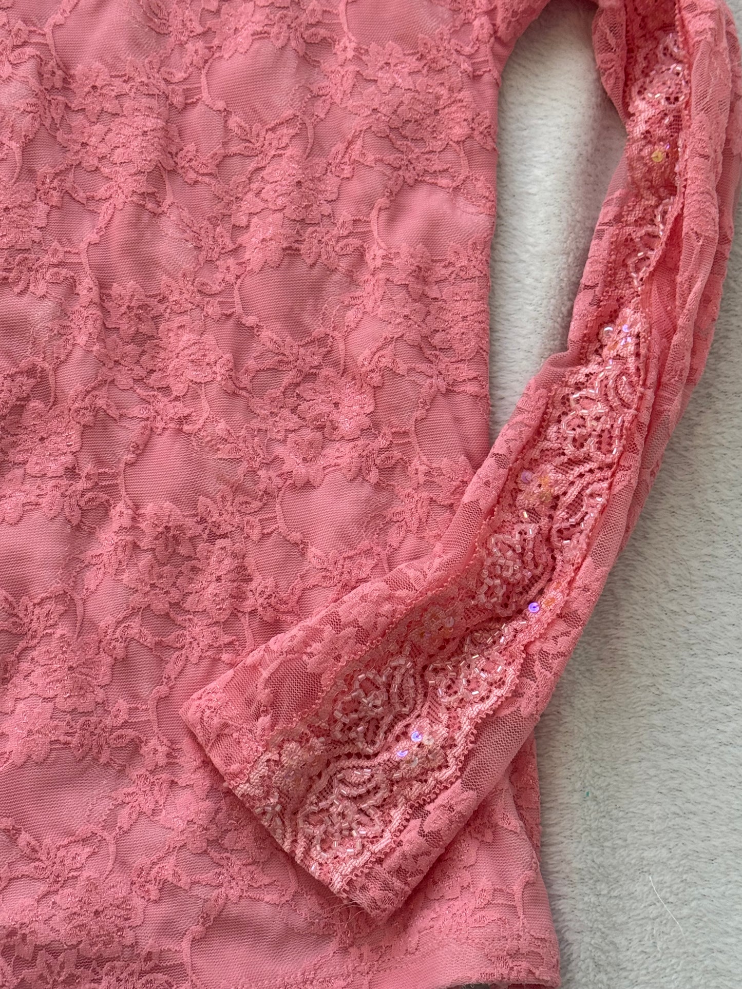 Fitted Pink Top with Lace and Sequins