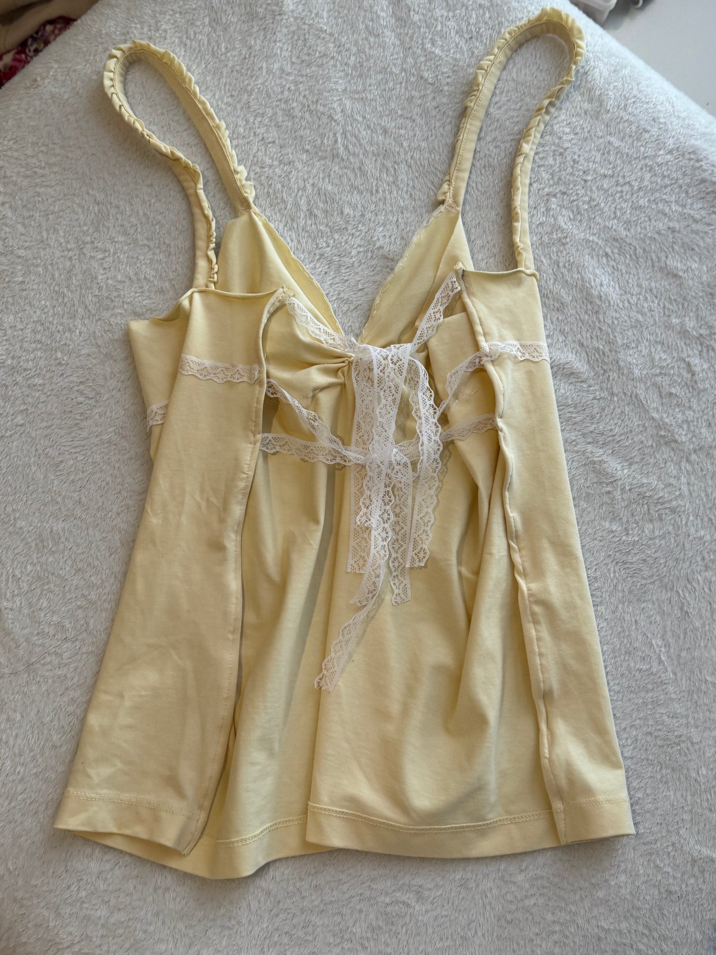 Yellow Cami with Ruching, Lace accents, and Adjustable Lace Ties