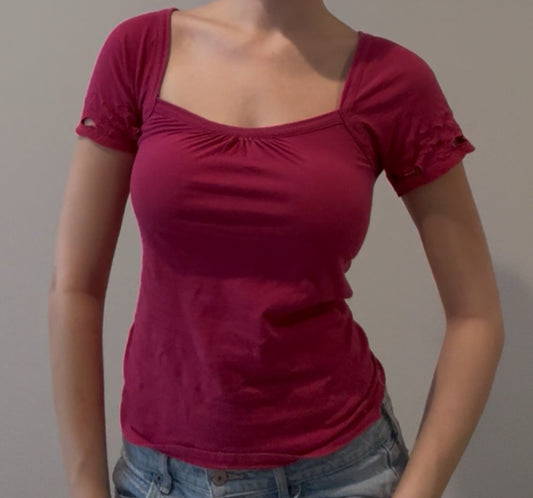 Red-Pink Baby Tee with Floral Embroidered Sleeves