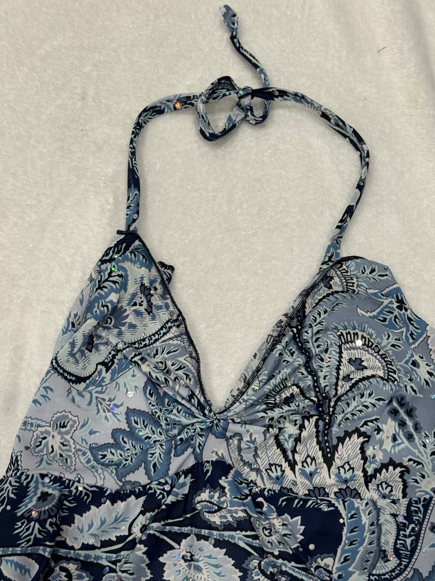 Blue Sequin Halter Top with Tie Back