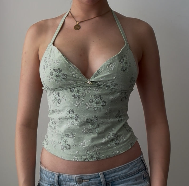 Green Floral Halter with Rose Detail