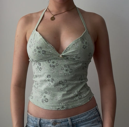 Green Floral Halter with Rose Detail