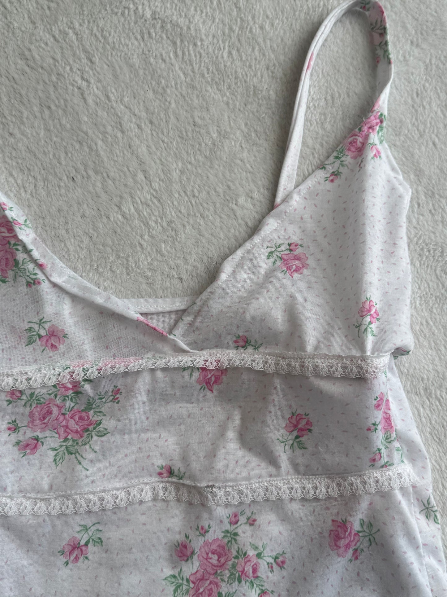 White and Pink Floral Top with Lace