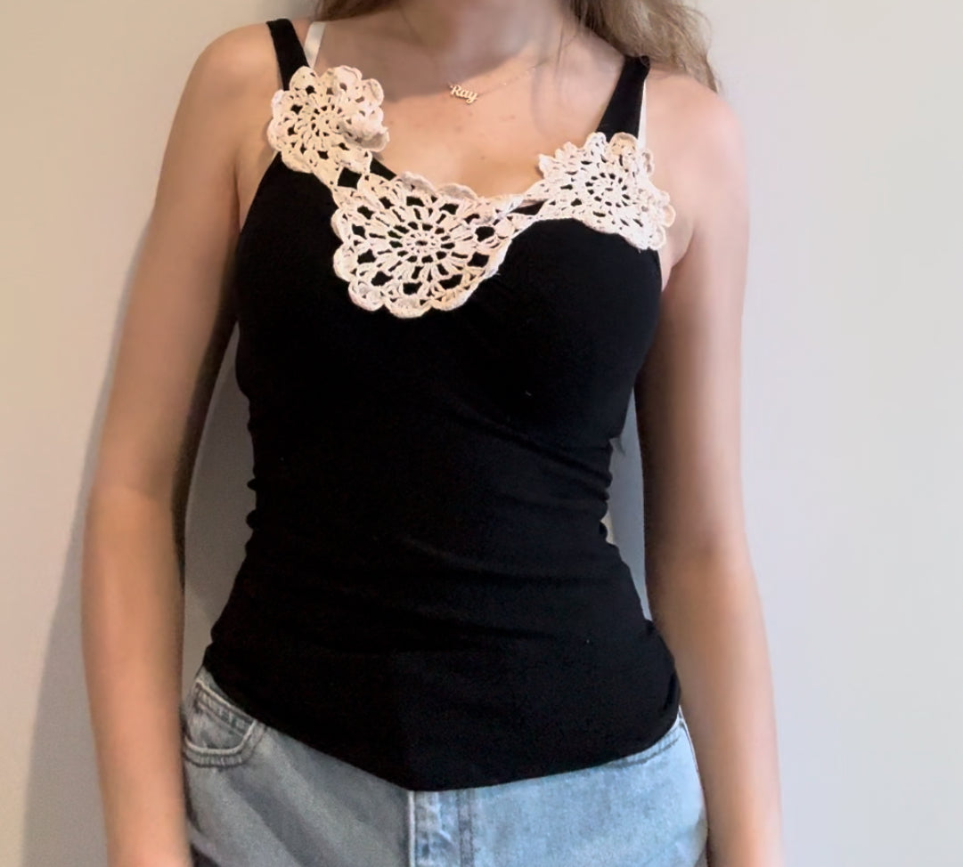 Black Tank Top with Crocheted Flowers