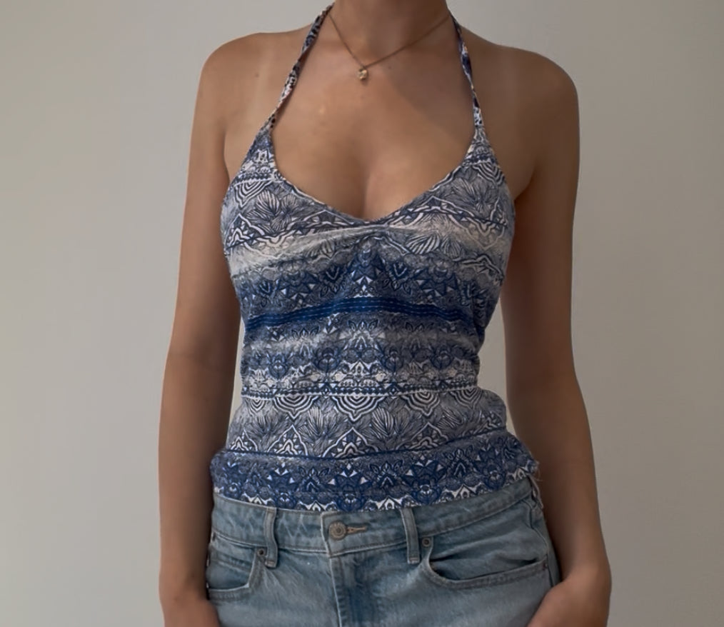 Blue and White Floral Design Halter Top