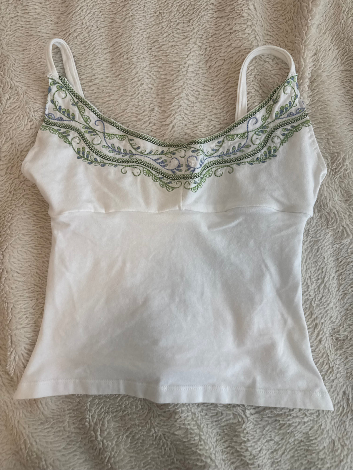 White Top with Green and Blue Embroidery