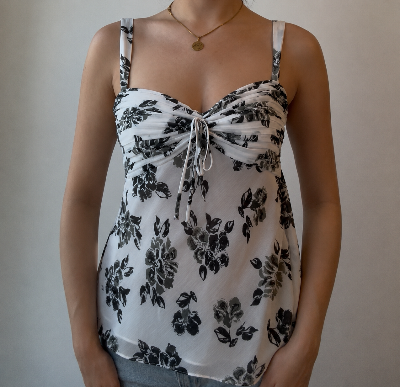 Black and White Floral Top with Lace Back Ties