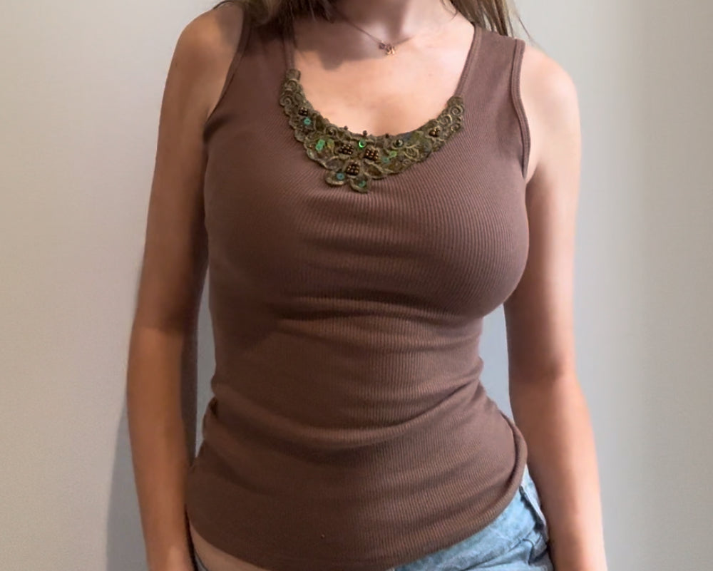 Brown Tank with Sequins and Beads