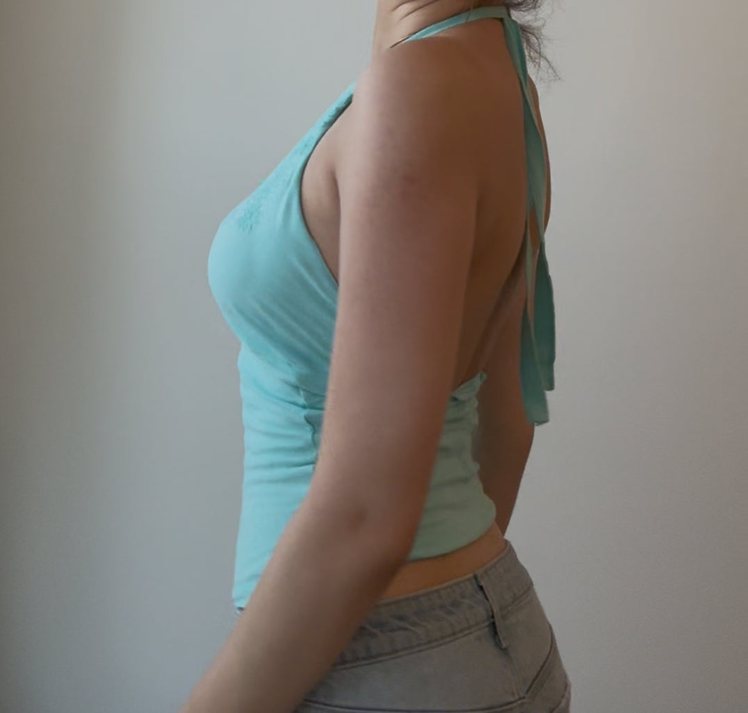 Teal Halter Top with Floral Embroidery