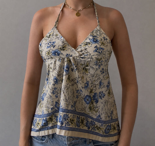 Beige Halter Top with Blue Floral Design