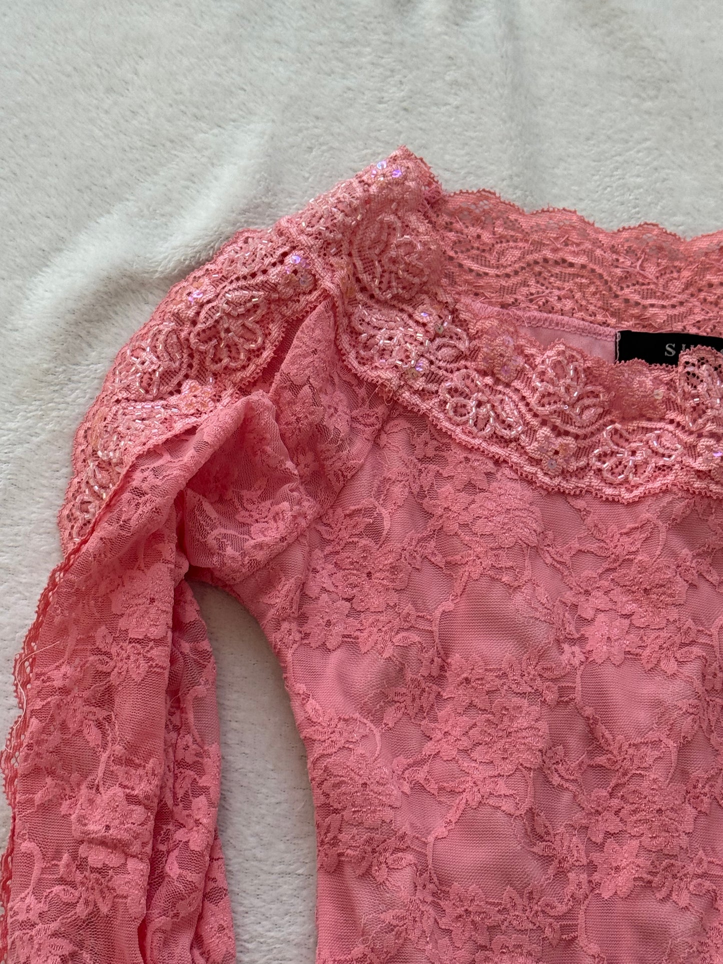 Fitted Pink Top with Lace and Sequins