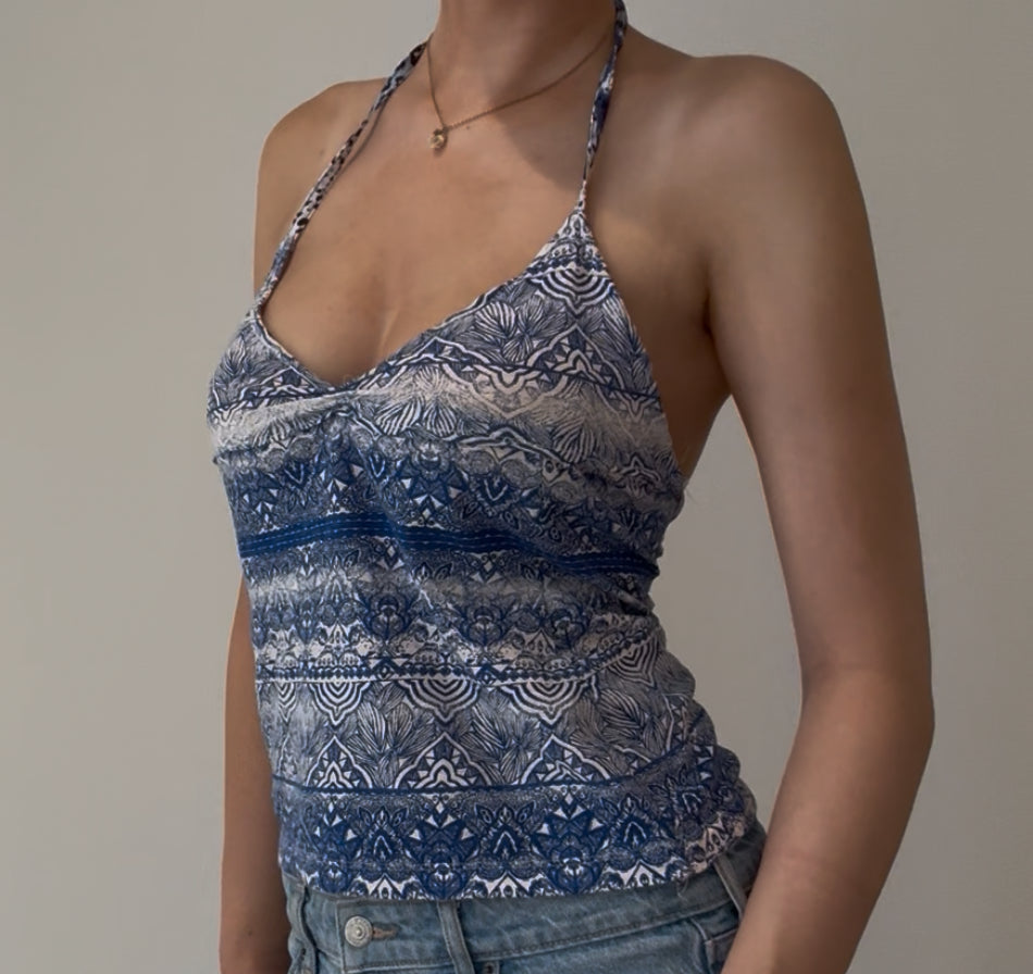 Blue and White Floral Design Halter Top